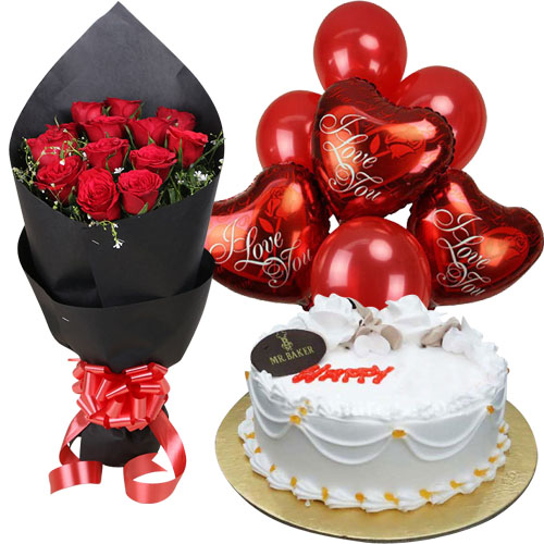 Combo Gifts :: Flowers Cake With Balloon :: Red Roses and Vanilla Round ...
