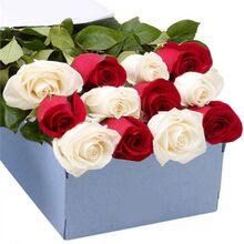 send 12 red and white roses full box arrangement to dhaka, bangladesh
