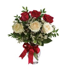 send 3 red roses and 3 white roses in a glass vase to dhaka, bangladesh