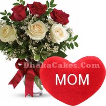 send ​mothers day pillow with 6 roses in vase to dhaka
