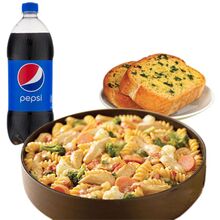 pizza inn penne pasta with garlic bread and pepsi