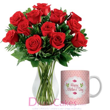 12 red roses in vase with mug send to dhaka