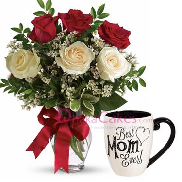 send ​roses in vase with decorated mug to bd