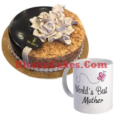 send hazle nut round cake with decorated mug to dhaka