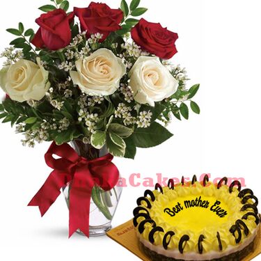 send ​lemon round cake with 6 roses in vase to dhaka