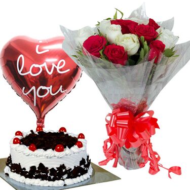 Combo Gifts :: Flowers Cake With Balloon :: White and Red Roses, Black ...