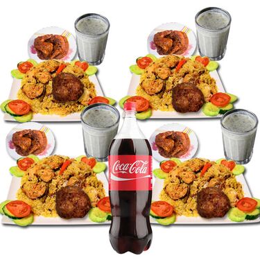 fakruddin kacchi biryani with chicken roast, zali kabab, borhani and coke